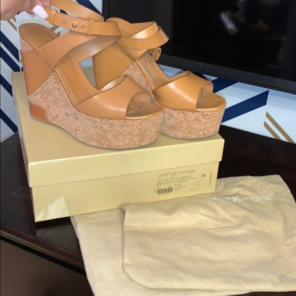 LIKE NEW Sergio Rossi Tan Cork Platform Wedges